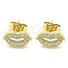 Oro Laminado Stud Earring, Gold Filled Style Lips Design, with White Micro Pave, Polished, Golden Finish, 02.210.0400