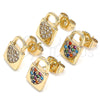 Oro Laminado Stud Earring, Gold Filled Style Lock and Heart Design, with Multicolor Micro Pave, Polished, Golden Finish, 02.210.0406.1
