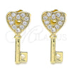 Oro Laminado Stud Earring, Gold Filled Style key and Heart Design, with White Micro Pave, Polished, Golden Finish, 02.210.0407
