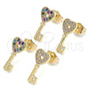 Oro Laminado Stud Earring, Gold Filled Style key and Heart Design, with White Micro Pave, Polished, Golden Finish, 02.210.0407