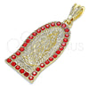 Oro Laminado Religious Pendant, Gold Filled Style Guadalupe Design, with Garnet Crystal, Polished, Golden Finish, 05.351.0125.1