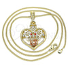 Oro Laminado Pendant Necklace, Gold Filled Style Heart and Butterfly Design, with Garnet and White Crystal, Polished, Tricolor, 04.351.0022.20 (02 MM Thickness, 20 Inches Length)