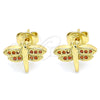 Oro Laminado Stud Earring, Gold Filled Style Dragon-Fly Design, with Garnet Micro Pave, Polished, Golden Finish, 02.156.0470.2