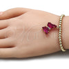Oro Laminado Fancy Bracelet, Gold Filled Style Expandable Bead and Butterfly Design, with Fuchsia Crystal and White Micro Pave, Polished, Golden Finish, 03.341.0112.2.07 (04 MM Thickness, 7 Inches Length)
