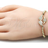 Oro Laminado Adjustable Bolo Bracelet, Gold Filled Style Swan and Heart Design, with White Micro Pave, Polished, Golden Finish, 03.299.0072.11 (04 MM Thickness, 11 Inches Length)