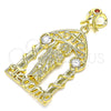 Oro Laminado Religious Pendant, Gold Filled Style San Judas and Heart Design, with White and Garnet Cubic Zirconia, Polished, Golden Finish, 05.253.0101