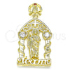 Oro Laminado Religious Pendant, Gold Filled Style San Judas and Heart Design, with White and Garnet Cubic Zirconia, Polished, Golden Finish, 05.253.0101