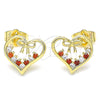 Oro Laminado Stud Earring, Gold Filled Style Heart and Bow Design, with Garnet and White Cubic Zirconia, Polished, Golden Finish, 02.195.0125.1