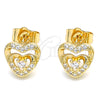 Oro Laminado Stud Earring, Gold Filled Style Heart Design, with White Micro Pave and White Cubic Zirconia, Polished, Golden Finish, 02.233.0047