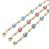 Oro Laminado Fancy Anklet, Gold Filled Style Evil Eye and Hand Design, Turquoise Enamel Finish, Golden Finish, 03.213.0037.4.10 (08 MM Thickness, 10 Inches Length)