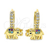 Oro Laminado Huggie Hoop, Gold Filled Style Elephant Design, with Multicolor Micro Pave, Polished, Golden Finish, 02.213.0176.15