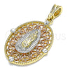 Oro Laminado Fancy Pendant, Gold Filled Style Guadalupe Design, with White Crystal, Diamond Cutting Finish, Tricolor, 05.380.0009