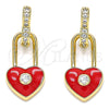 Oro Laminado Huggie Hoop, Gold Filled Style Lock and Heart Design, with White Cubic Zirconia, Red Enamel Finish, Golden Finish, 02.213.0184.12