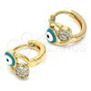 Oro Laminado Huggie Hoop, Gold Filled Style Evil Eye and Fish Design, with White Cubic Zirconia, Green Enamel Finish, Golden Finish, 02.213.0189.1.12