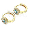 Oro Laminado Huggie Hoop, Gold Filled Style Evil Eye and Flower Design, with White Cubic Zirconia, Green Enamel Finish, Golden Finish, 02.213.0190.2.15