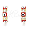 Oro Laminado Huggie Hoop, Gold Filled Style Evil Eye Design, with White Cubic Zirconia, Red Enamel Finish, Golden Finish, 02.213.0192.15