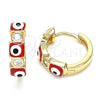 Oro Laminado Huggie Hoop, Gold Filled Style Evil Eye Design, with White Cubic Zirconia, Red Enamel Finish, Golden Finish, 02.213.0192.15