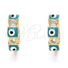 Oro Laminado Huggie Hoop, Gold Filled Style Evil Eye Design, with White Cubic Zirconia, Green Enamel Finish, Golden Finish, 02.213.0192.2.15
