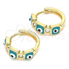 Oro Laminado Huggie Hoop, Gold Filled Style Evil Eye Design, with White Cubic Zirconia, Green Enamel Finish, Golden Finish, 02.213.0192.2.15