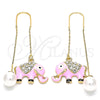 Oro Laminado Threader Earring, Gold Filled Style Elephant Design, with White Crystal, Pink Enamel Finish, Golden Finish, 02.380.0029