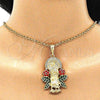 Oro Laminado Religious Pendant, Gold Filled Style Guadalupe and Flower Design, with White Crystal, Multicolor Enamel Finish, Golden Finish, 05.380.0037