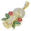 Oro Laminado Religious Pendant, Gold Filled Style Guadalupe and Flower Design, with White Crystal, Multicolor Enamel Finish, Golden Finish, 05.380.0037