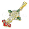 Oro Laminado Religious Pendant, Gold Filled Style Guadalupe and Flower Design, with White Crystal, Multicolor Enamel Finish, Golden Finish, 05.380.0049