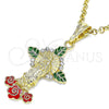 Oro Laminado Religious Pendant, Gold Filled Style Guadalupe and Flower Design, with White Crystal, Multicolor Enamel Finish, Golden Finish, 05.380.0049