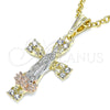 Oro Laminado Religious Pendant, Gold Filled Style Guadalupe and Cross Design, with White Crystal, Polished, Tricolor, 05.380.0087