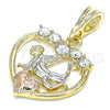 Oro Laminado Religious Pendant, Gold Filled Style Angel and Heart Design, with White Crystal, Polished, Tricolor, 05.380.0091
