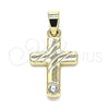 Oro Laminado Religious Pendant, Gold Filled Style Cross Design, with White Crystal, Polished, Golden Finish, 05.213.0079