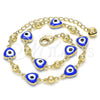 Oro Laminado Fancy Anklet, Gold Filled Style Evil Eye and Heart Design, Blue Enamel Finish, Golden Finish, 03.213.0037.2.10 (08 MM Thickness, 10 Inches Length)