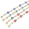 Oro Laminado Fancy Anklet, Gold Filled Style Evil Eye and Heart Design, Blue Enamel Finish, Golden Finish, 03.213.0037.2.10 (08 MM Thickness, 10 Inches Length)
