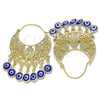 Oro Laminado Long Earring, Gold Filled Style Elephant and Evil Eye Design, Blue Resin Finish, Golden Finish, 02.380.0057.2