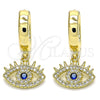Oro Laminado Huggie Hoop, Gold Filled Style Evil Eye Design, with Sapphire Blue and White Micro Pave, Polished, Golden Finish, 02.341.0072.15