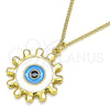 Oro Laminado Pendant Necklace, Gold Filled Style Evil Eye and Sun Design, White Enamel Finish, Golden Finish, 04.313.0063.20 (02 MM Thickness, 20 Inches Length)