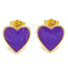 Oro Laminado Stud Earring, Gold Filled Style Heart Design, Purple Enamel Finish, Golden Finish, 02.213.0218.3