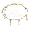 Oro Laminado Charm Anklet , Gold Filled Style Leaf and Rattle Charm Design, with White Crystal, Polished, Golden Finish, 03.213.0113.10 (01 MM Thickness, 10 Inches Length)