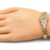 Oro Laminado Fancy Bracelet, Gold Filled Style Guadalupe and Heart Design, Diamond Cutting Finish, Golden Finish, 03.100.0068.08 (07 MM Thickness, 8 Inches Length)