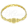 Oro Laminado Fancy Bracelet, Gold Filled Style Guadalupe and Heart Design, Diamond Cutting Finish, Golden Finish, 03.100.0068.08 (07 MM Thickness, 8 Inches Length)
