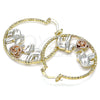 Oro Laminado Medium Hoop, Gold Filled Style Flower and Elephant Design, Diamond Cutting Finish, Tricolor, 02.351.0105.35