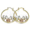 Oro Laminado Medium Hoop, Gold Filled Style Flower and Elephant Design, Diamond Cutting Finish, Tricolor, 02.351.0105.35