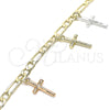 Oro Laminado Charm Bracelet, Gold Filled Style Crucifix Design, Polished, Tricolor, 03.351.0115.07 (04 MM Thickness, 7 Inches Length)