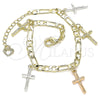 Oro Laminado Charm Bracelet, Gold Filled Style Crucifix Design, Polished, Tricolor, 03.351.0115.07 (04 MM Thickness, 7 Inches Length)
