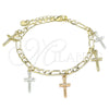 Oro Laminado Charm Bracelet, Gold Filled Style Crucifix Design, Polished, Tricolor, 03.351.0115.07 (04 MM Thickness, 7 Inches Length)