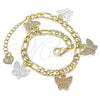 Oro Laminado Charm Bracelet, Gold Filled Style Butterfly Design, Polished, Tricolor, 03.351.0118.07 (05 MM Thickness, 7 Inches Length)