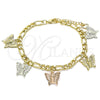 Oro Laminado Charm Bracelet, Gold Filled Style Butterfly Design, Polished, Tricolor, 03.351.0121.08 (05 MM Thickness, 8 Inches Length)