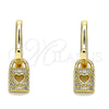 Oro Laminado Huggie Hoop, Gold Filled Style Lock and Heart Design, with White Micro Pave, Polished, Golden Finish, 02.381.0030.10