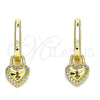 Oro Laminado Huggie Hoop, Gold Filled Style Heart and Lock Design, with White Micro Pave, Polished, Golden Finish, 02.368.0019.10