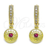 Oro Laminado Huggie Hoop, Gold Filled Style Evil Eye Design, with Ruby Cubic Zirconia, Polished, Golden Finish, 02.368.0038.1.15